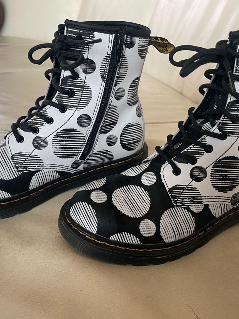 Dr. Martens Black & White Striped Polka Dot Lace-Up Boots - Picture 3 of 14